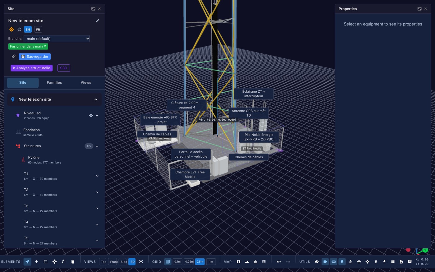Maquette BIM 3D d’un site télécom avec ses équipements